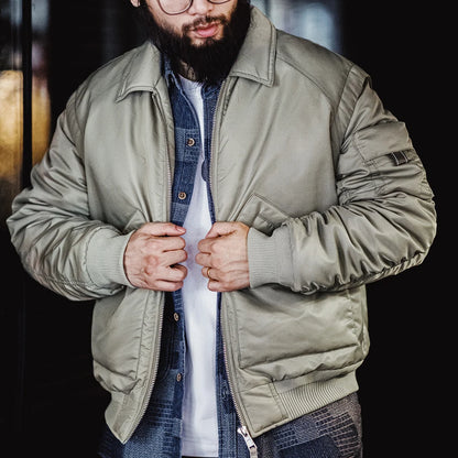 Herren Pilotenjacke Graugrün Warmer Mit Baumwolle Gefütterter Mantel Revers Taschen