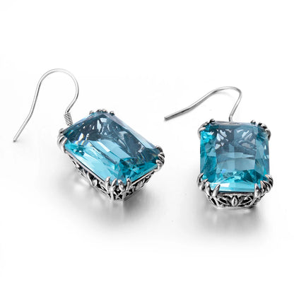 Damen-Ohrringe aus Sterlingsilber 925 mit quadratischem Aquamarin-Anhänger handgefertigtes Vintage-Design