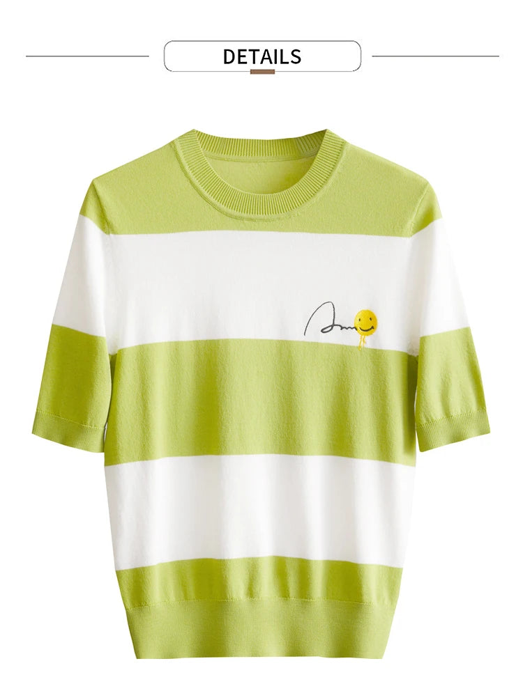 Damen Sommer-T-Shirt im Minimalismus-Stil mit gestreiftem Lächeln-Gesicht