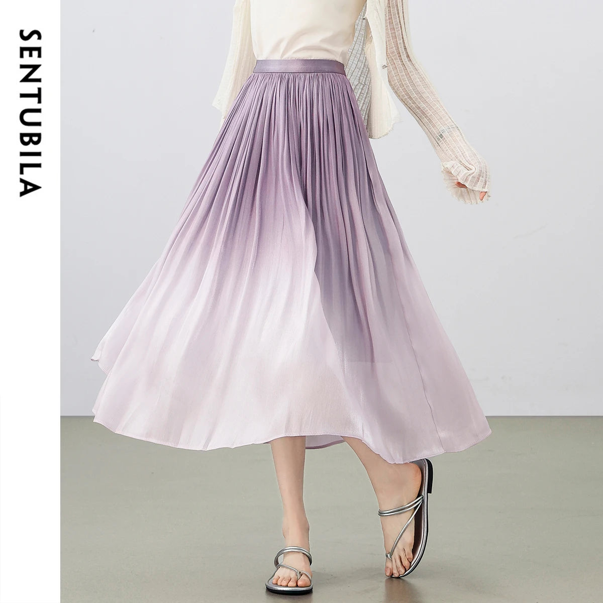 Damen Midi-Rock im Farbverlauf mit elastischem hohen Bund und Falten