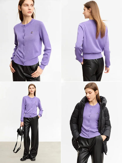 Damen-Rundhals-Strickjacke Wolle-Seide Perlenstickerei Knöpfe Herbst-Winter