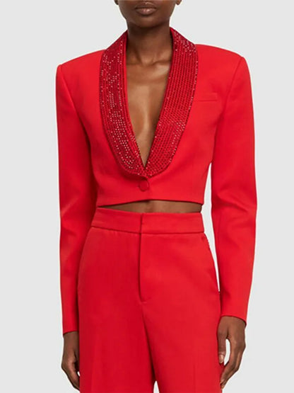 Eleganter Damen-Blazer mit Reverskragen und langen Ärmeln – Patchwork-Design und einreihiger Verschluss für einen lässigen Look.
