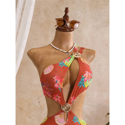 Damen Badeanzug Blumendruck One-Shoulder asymmetrisch Cut-Out Monokini gepolstert