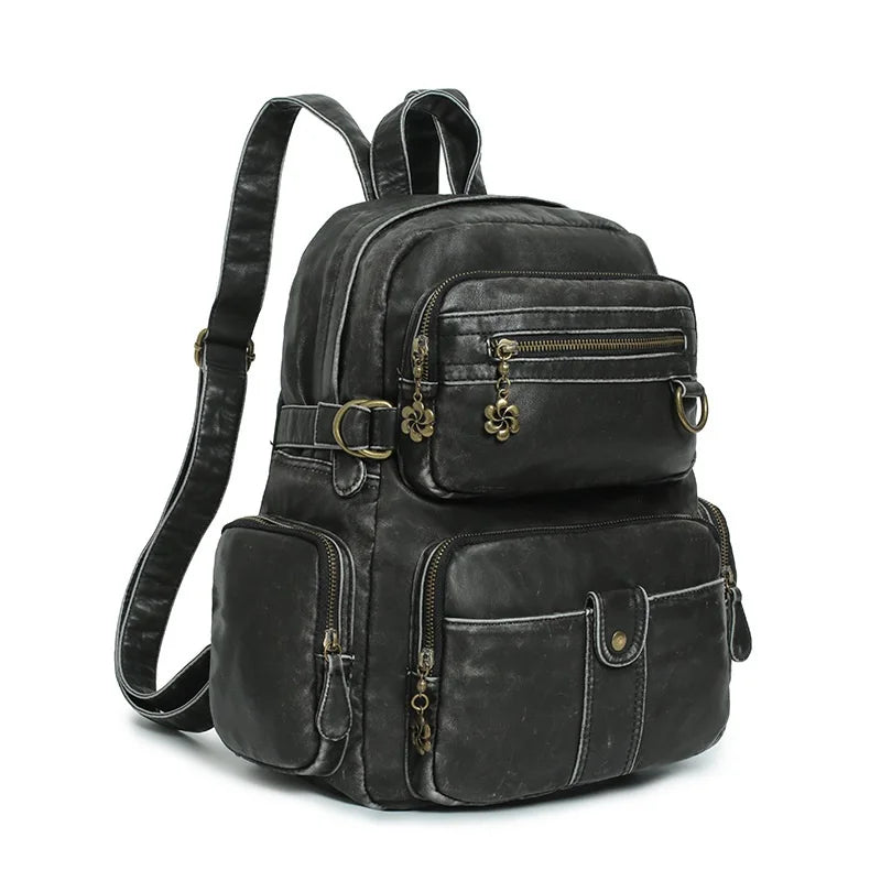 Damen-Schulrucksack Großes Fassungsvermögen 20-35 Liter Mit Gepolstertem Rücken Vintage Schwarz