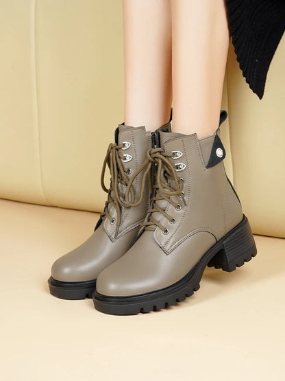 Beige Schnür-Ankle-Boots mit Wollfutter, markanter Naht und Profilsohle
