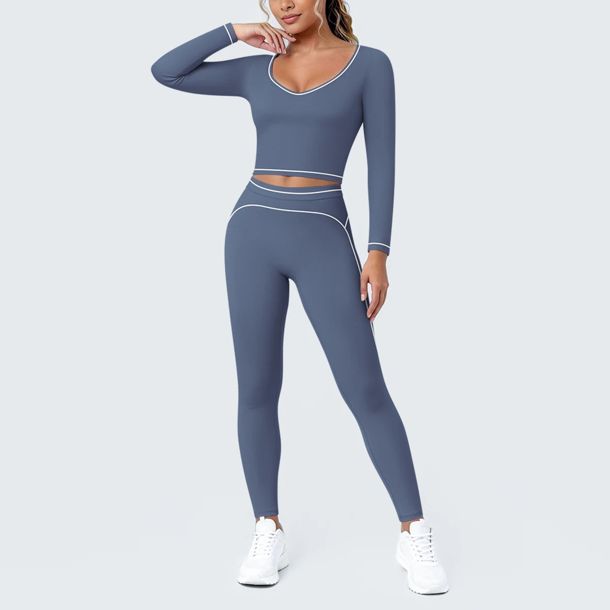 Damen-Yoga-Set dunkelblau: Langarmshirt mit V-Ausschnitt, Leggings mit Kontraststreifen