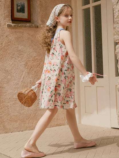 Sommerkleid für Mädchen aus 100% Baumwolle mit kurzen Ärmeln und niedlichem blauen Blumenmuster – geeignet für Kinder von 3 bis 14 Jahren (110cm-170cm)