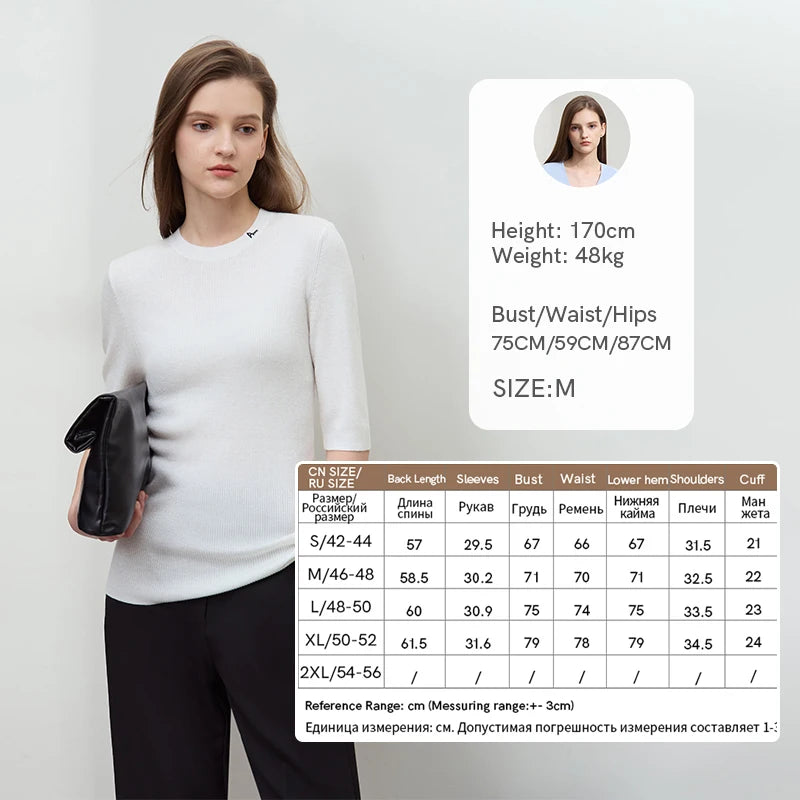 Damen-Strickpullover, weiß, schmale Silhouette, O-Ausschnitt, 3/4-Ärmel