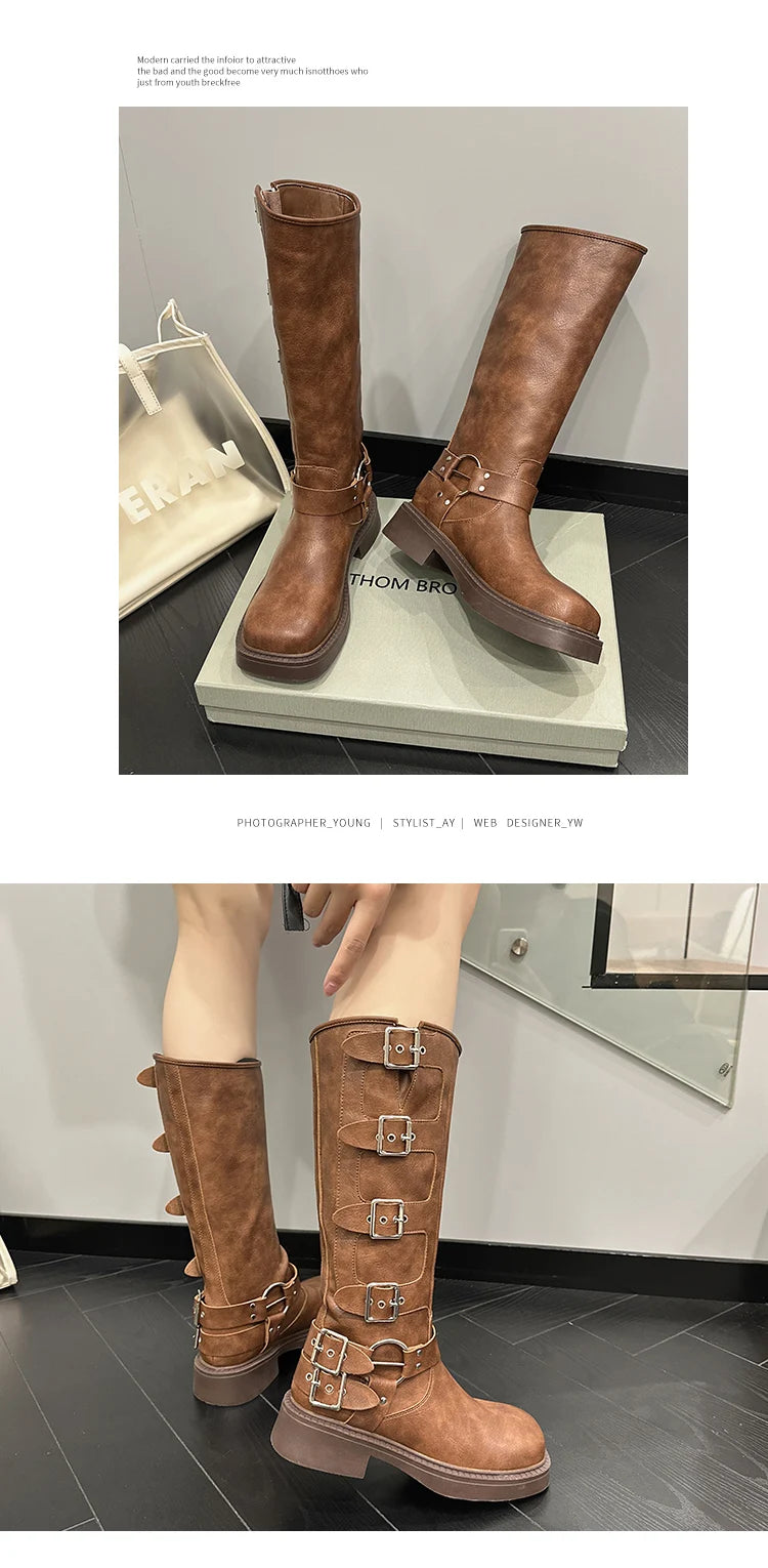 AIYUQI Western Cowboy Boots Women Vintage New Genuine Leather Knight Boots Women Square Toe High Boots Buckle Boots Women
