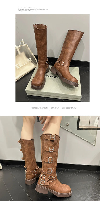 AIYUQI Western Cowboy Boots Women Vintage New Genuine Leather Knight Boots Women Square Toe High Boots Buckle Boots Women