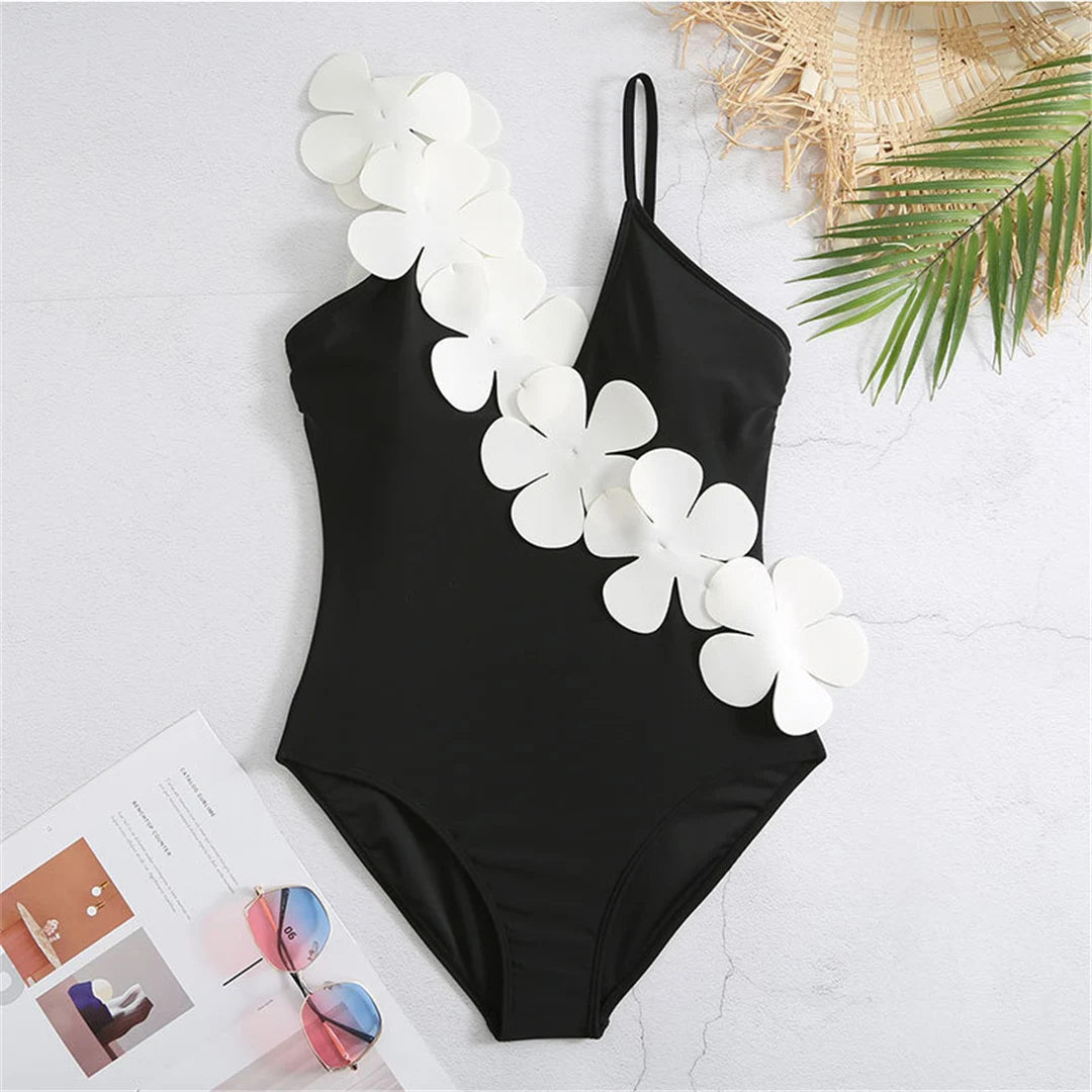 Damen Badeanzug Sarong 3D-Blumen tiefer V-Ausschnitt hoher Beinausschnitt