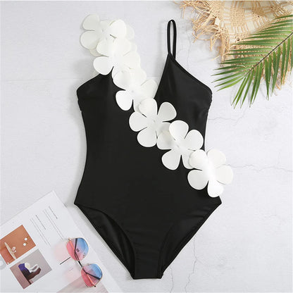 Damen Badeanzug Sarong 3D-Blumen tiefer V-Ausschnitt hoher Beinausschnitt