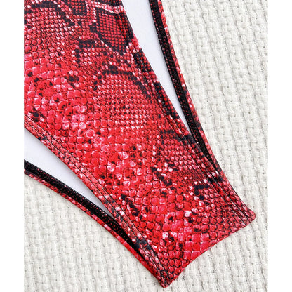 Damen Badeanzug Schlangenhaut Neckholder Bauch-Cut-Out Monokini Einteiler