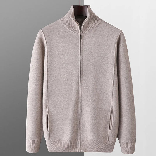 Urban Casual Herrenbekleidung 100 % reine Wolle Strick-Reißverschluss-Cardigan Herren halber Rollkragenpullover dicker Pullover Herbst Winter Kaschmirjacke