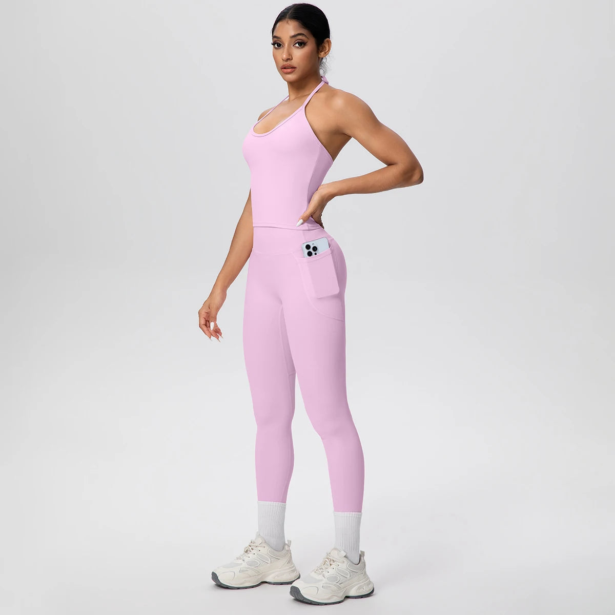 Damen-Yoga-Set in Fliederrosa: Trägertop und Leggings mit Handytasche vorne