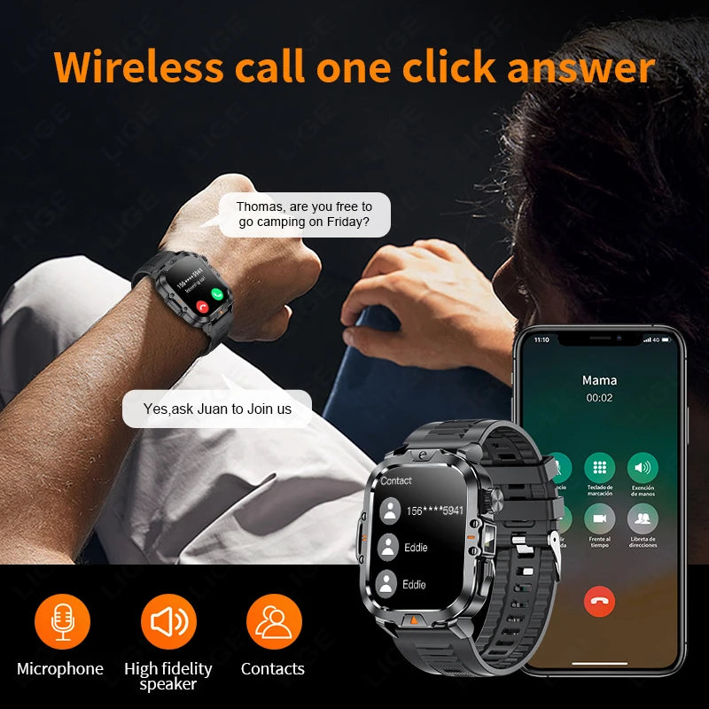 LIGE Neue Smart Watch 2,01" HD Display Taschenlampe Bluetooth Anruf 410mAh Batterie Robuste Smartwatch Wasserdichte Smart Armband