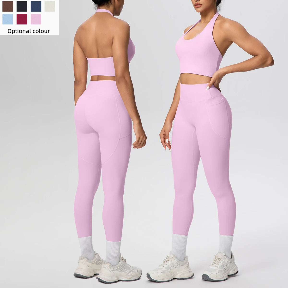 Lila Yogaset für Frauen: Sport-BH und lange Leggings mit breitem Bund, Rückansicht