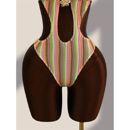 Damen Badeanzug gestreift bunt Neckholder Cut-Out hoher Beinausschnitt Monokini