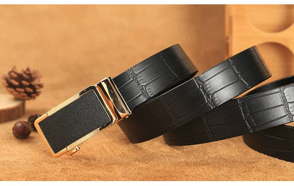 Herren Echtleder-Gürtel Krokodilmuster 3,5 cm Gold Automatik-Schnalle Rindsleder
