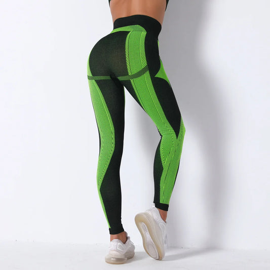 Hamidou nahtlose Yoga-Leggings, schwarz mit neon-grünen Musterstreifen