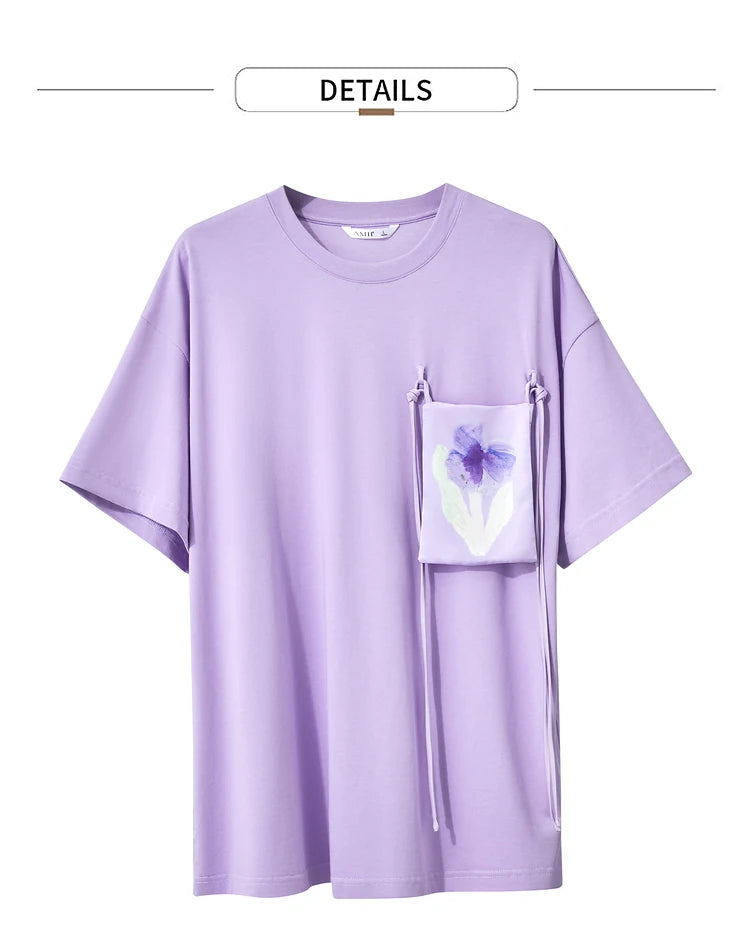 Damen T-Shirt im Minimalismus-Stil mit Taschen und elastischem O-Neck