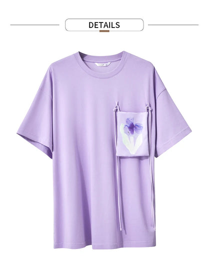 Damen T-Shirt im Minimalismus-Stil mit Taschen und elastischem O-Neck