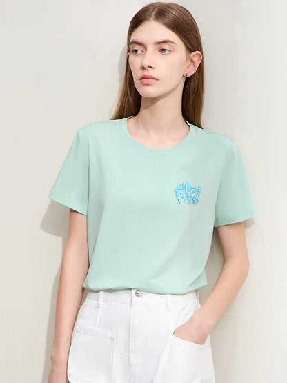 Damen T-Shirt im Minimalismus-Stil mit O-Ausschnitt und Stickerei