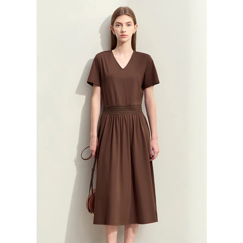 Bequemes Damenkleid Mit V-Ausschnitt Und Elastischer Taille Für Bürodamen