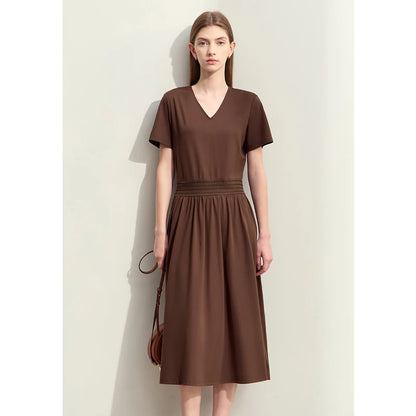 Bequemes Damenkleid Mit V-Ausschnitt Und Elastischer Taille Für Bürodamen