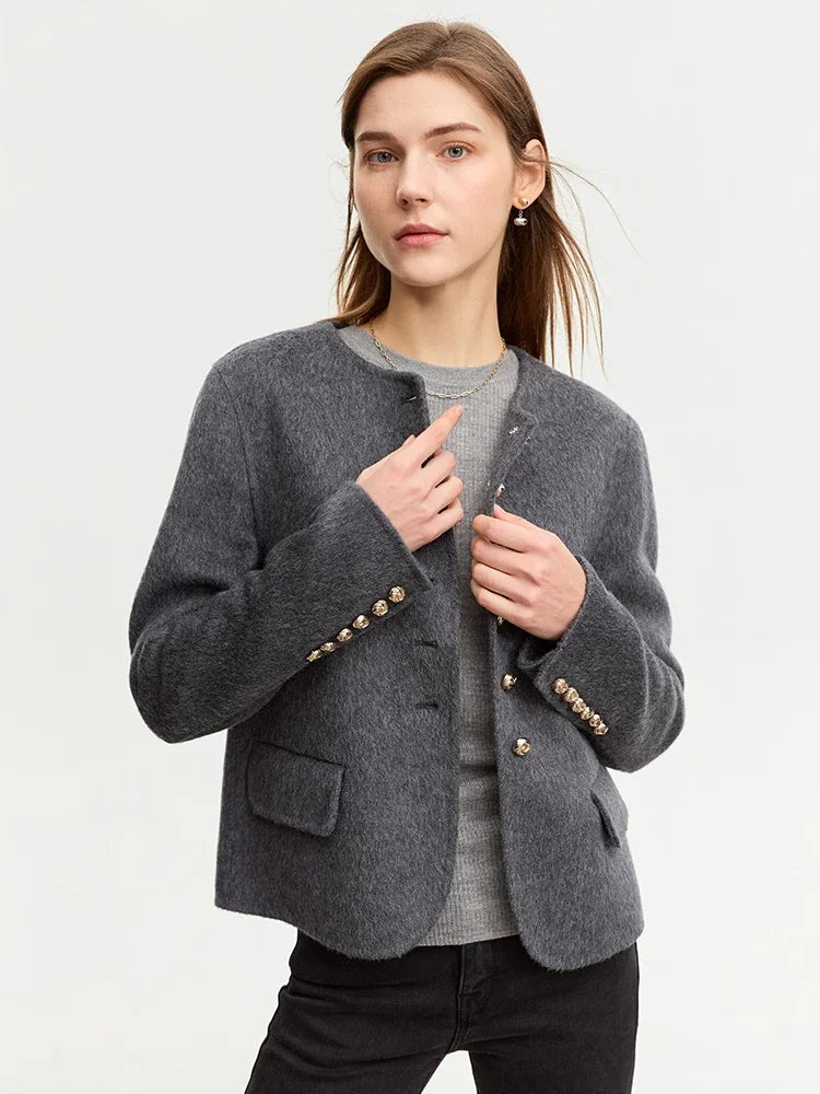 Damen Wolljacke aus Luxus-Tweed im Vintage-Stil mit Knopf und Taschen