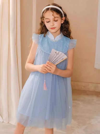 Ärmelloses Sommerkleid für Mädchen mit Blumenmuster und Pailletten – ideal für Hochzeiten und Geburtstagsfeiern