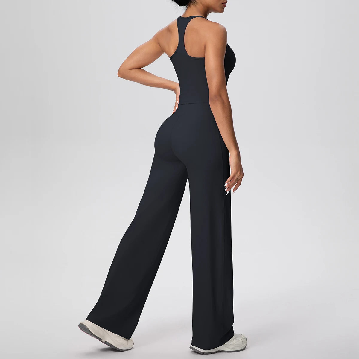 Damen-Yoga-Set Schwarz, ärmellos mit tiefem Rückenausschnitt und weitem Bein