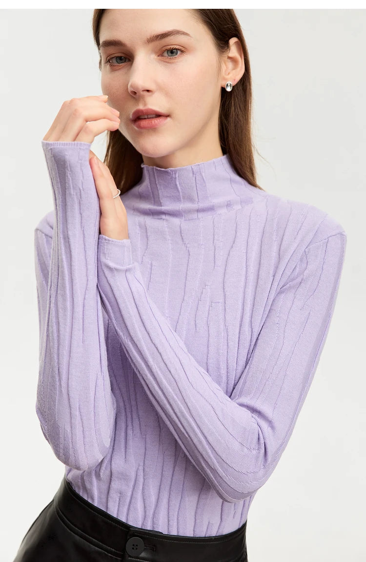 Lila Damen-Wollpullover mit Stehkragen und Zopfmusterstrick, langarm, körpernah