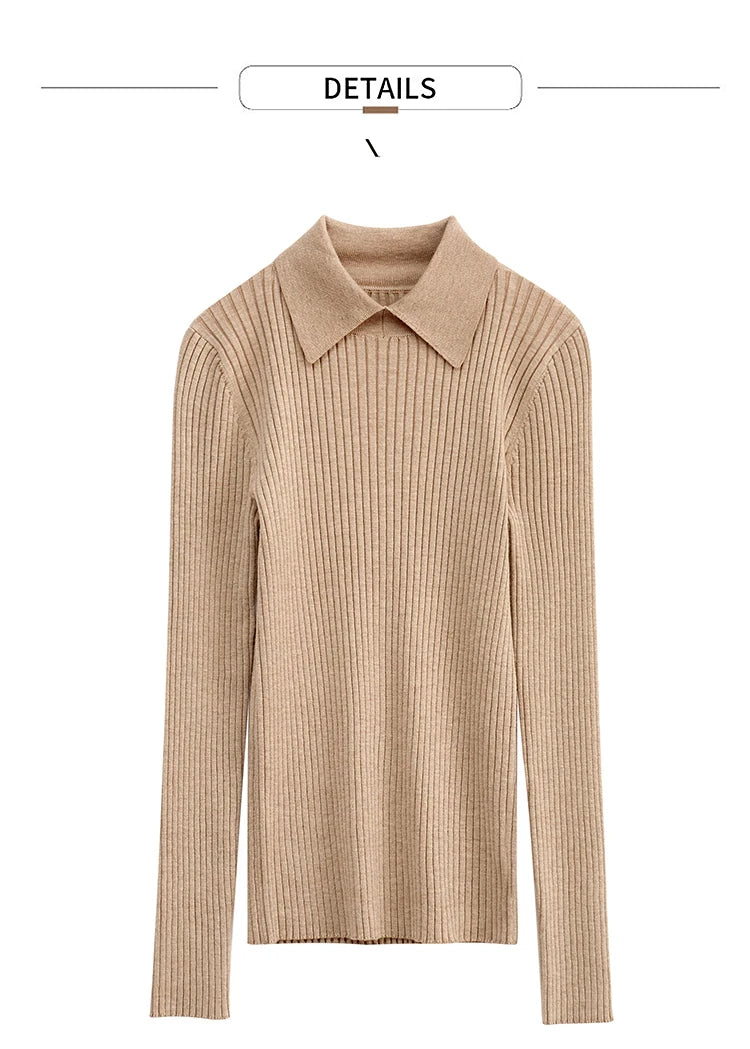 Damen-Strickpullover mit Polo-Kragen, Langarm, kamelbraun, gerippt