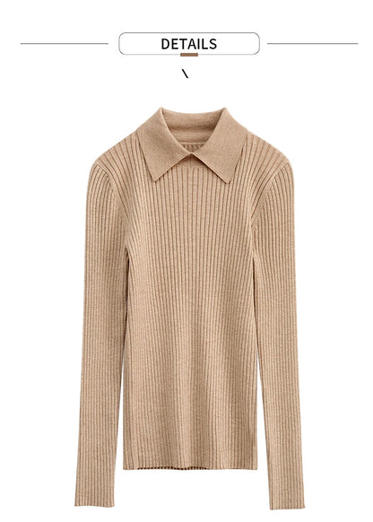 Damen-Strickpullover mit Polo-Kragen, Langarm, kamelbraun, gerippt
