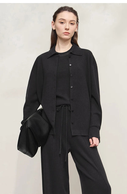 Damen-Strickjacke lang Seide-Wolle Umlegekragen locker Herbst