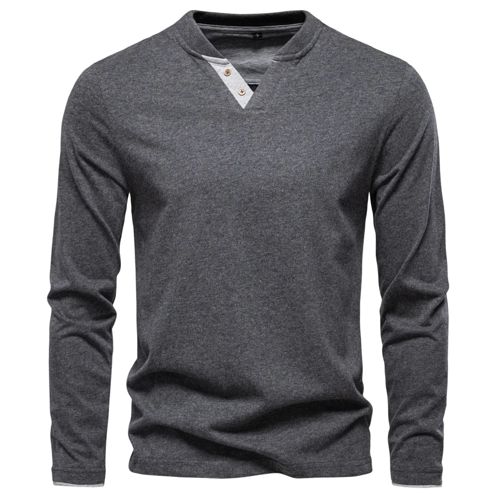 Dunkelgraues Henley-Langarmshirt mit V-Ausschnitt, Knopfleiste und geradem Saum
