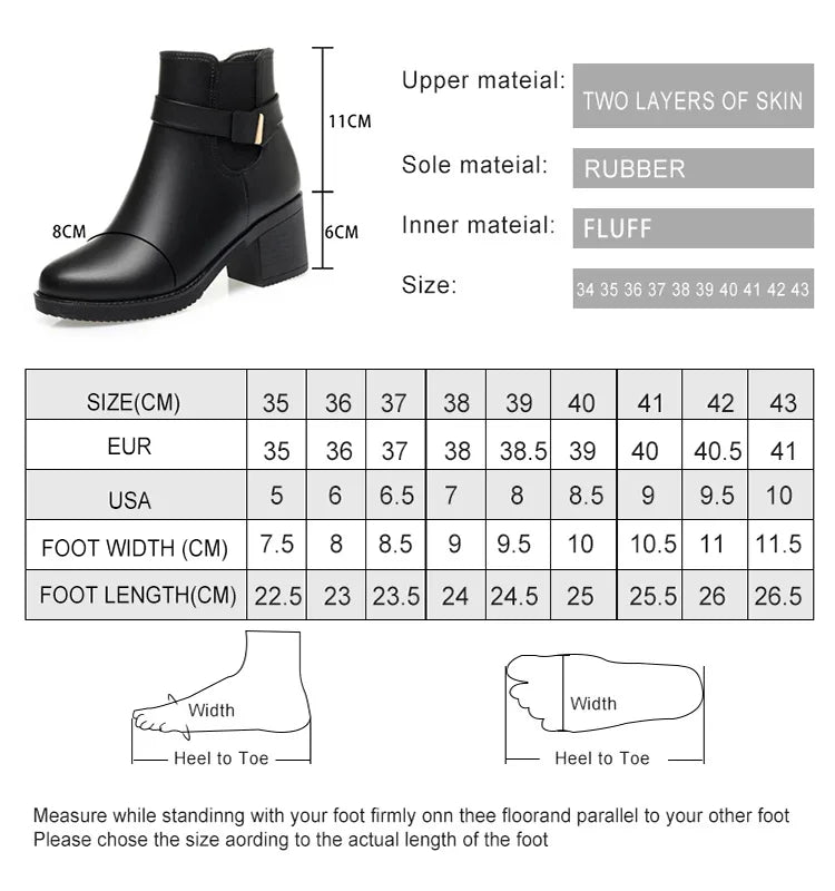 Größentabelle für Damenstiefeletten: Größen 35–43, Fußlänge- und Breitenangaben