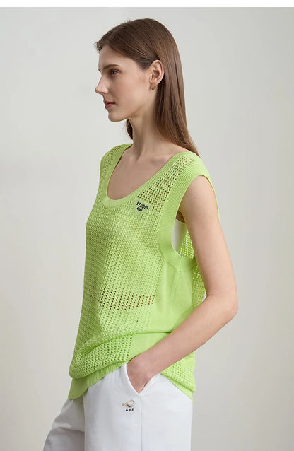Damen V-Ausschnitt Pullover Viskose ärmellos Lochmuster Sommer