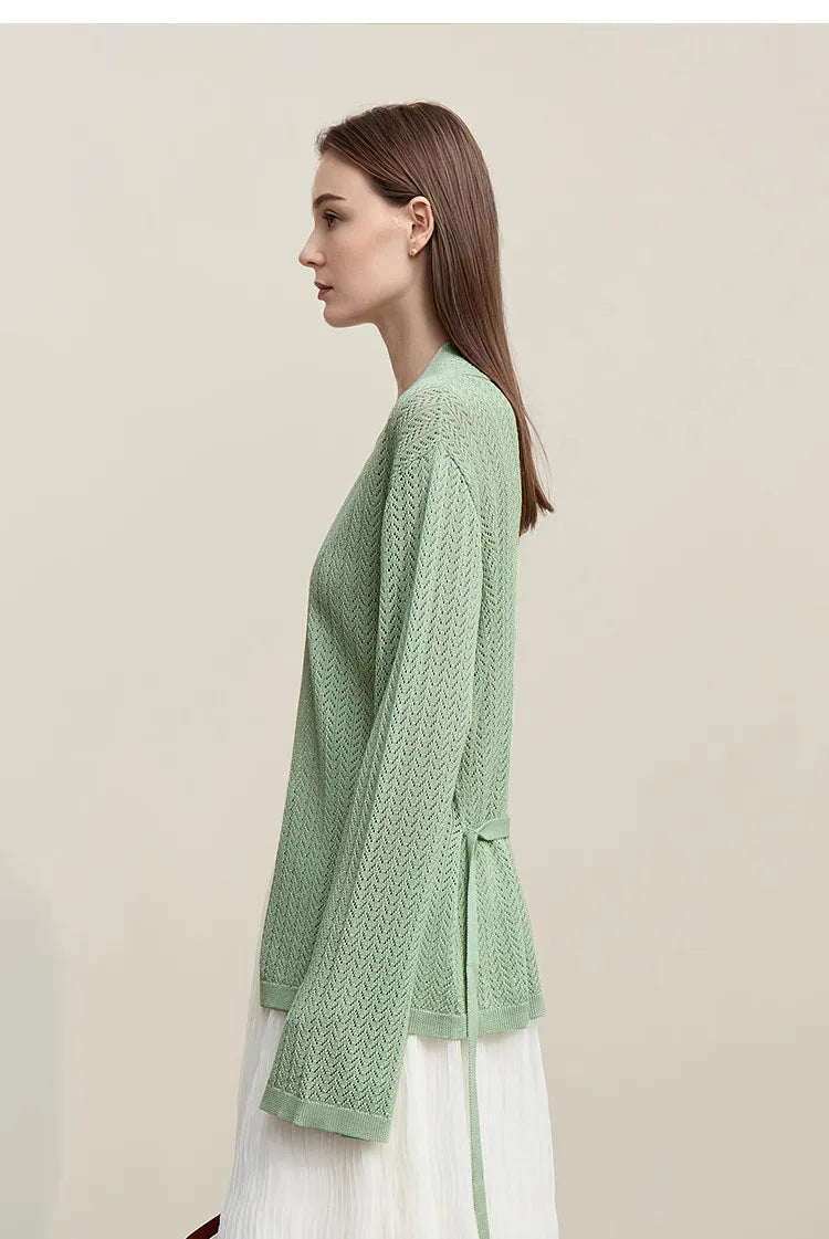 Damen-Strickjacke Lyocell V-Ausschnitt Glockenärmel Gürtel locker Frühling