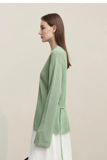 Damen-Strickjacke Lyocell V-Ausschnitt Glockenärmel Gürtel locker Frühling