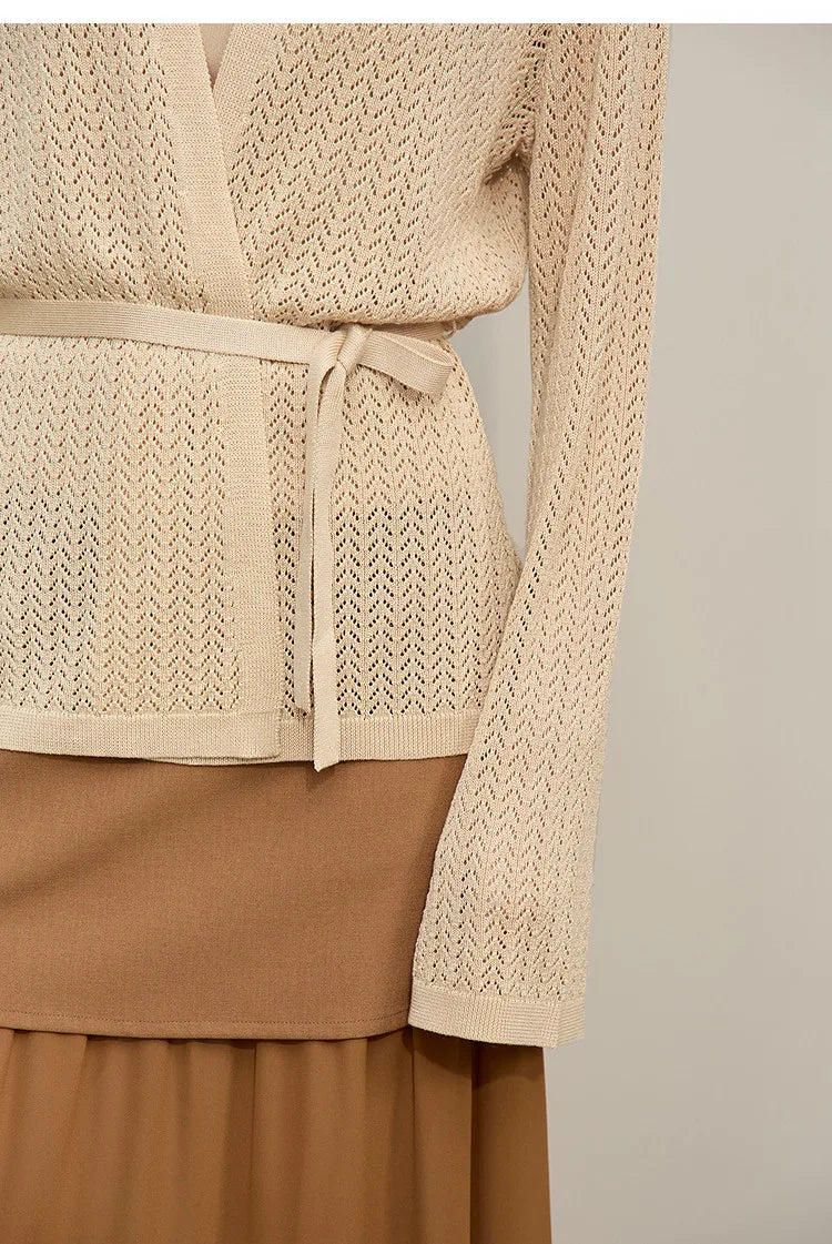 Damen-Strickjacke Lyocell V-Ausschnitt Glockenärmel Gürtel locker Frühling