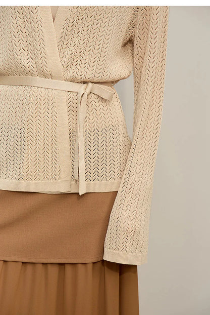 Damen-Strickjacke Lyocell V-Ausschnitt Glockenärmel Gürtel locker Frühling