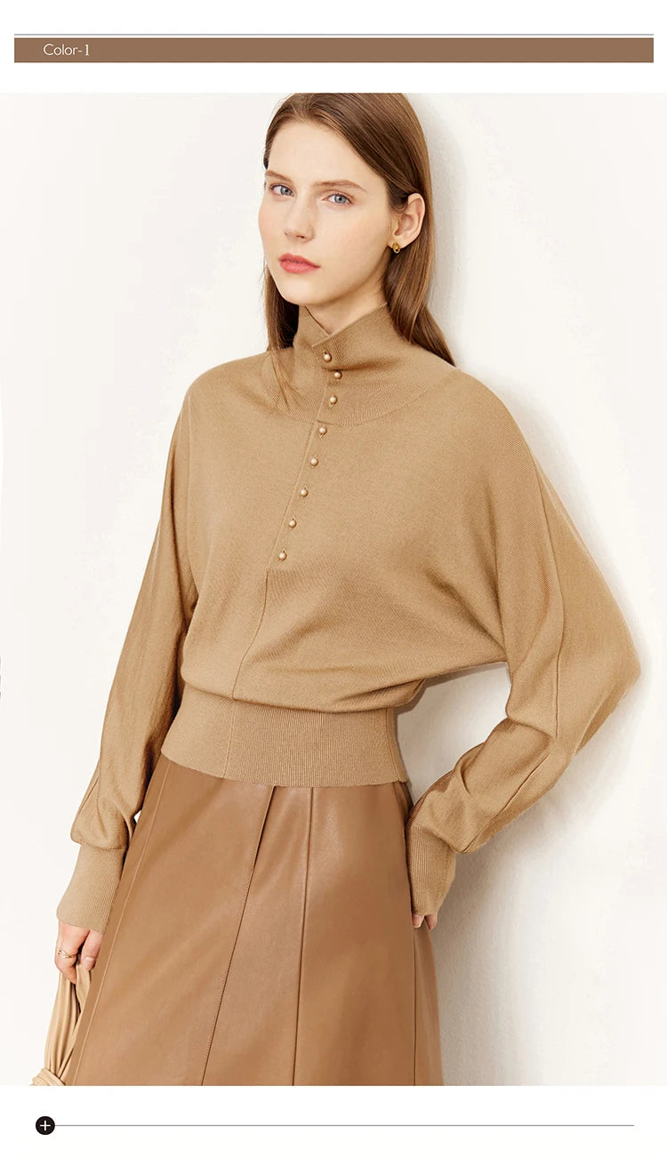 Damen-Rollkragenpullover 100 % Wolle locker Fledermausärmel Herbst
