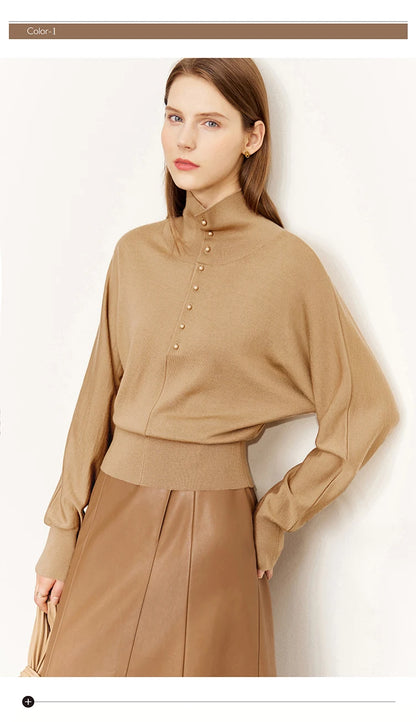 Damen-Rollkragenpullover 100 % Wolle locker Fledermausärmel Herbst