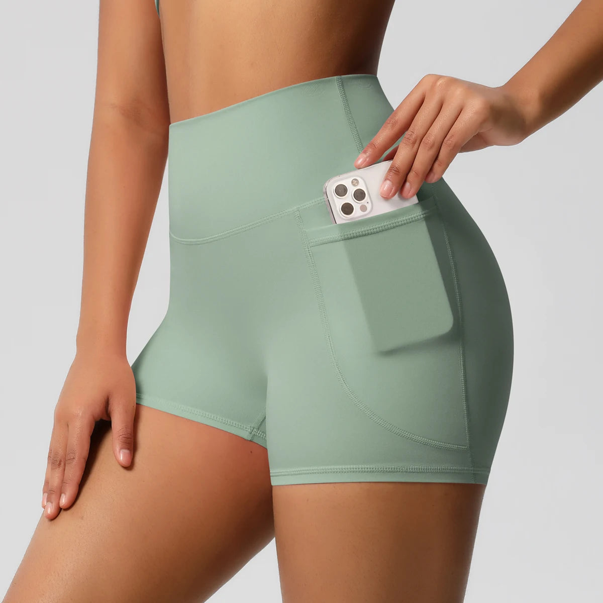 Yogahose Damen mit hoher Taille und Taschen, hellgrün