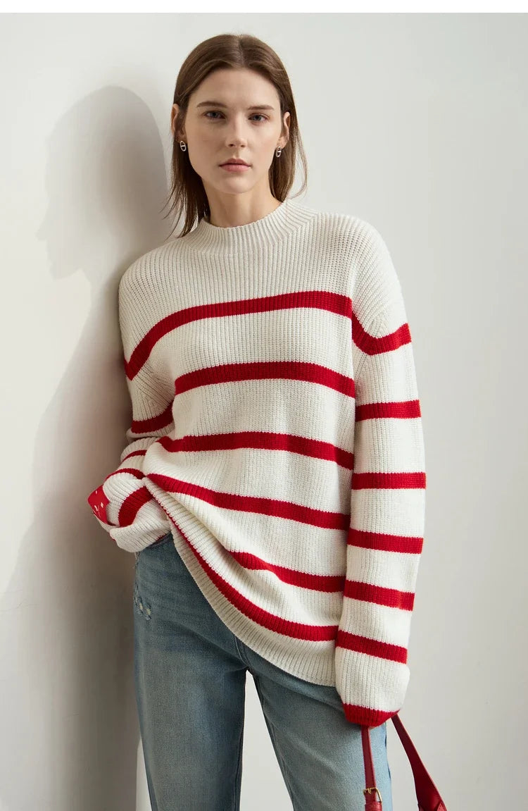 Damen-Strickjacke Streifen Stehkragen Kontrastfarben locker Weihnachten Winter