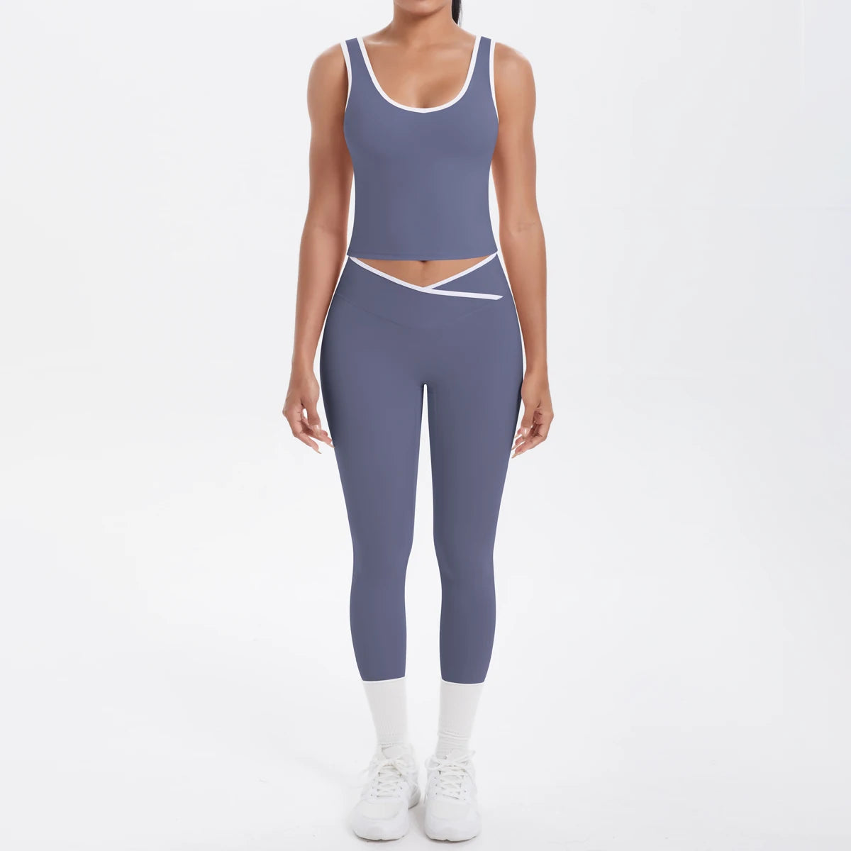 Yoga-Set für Damen in Blau-Grau: Crop-Top und 3/4-Leggings mit weißen Kontrastkanten