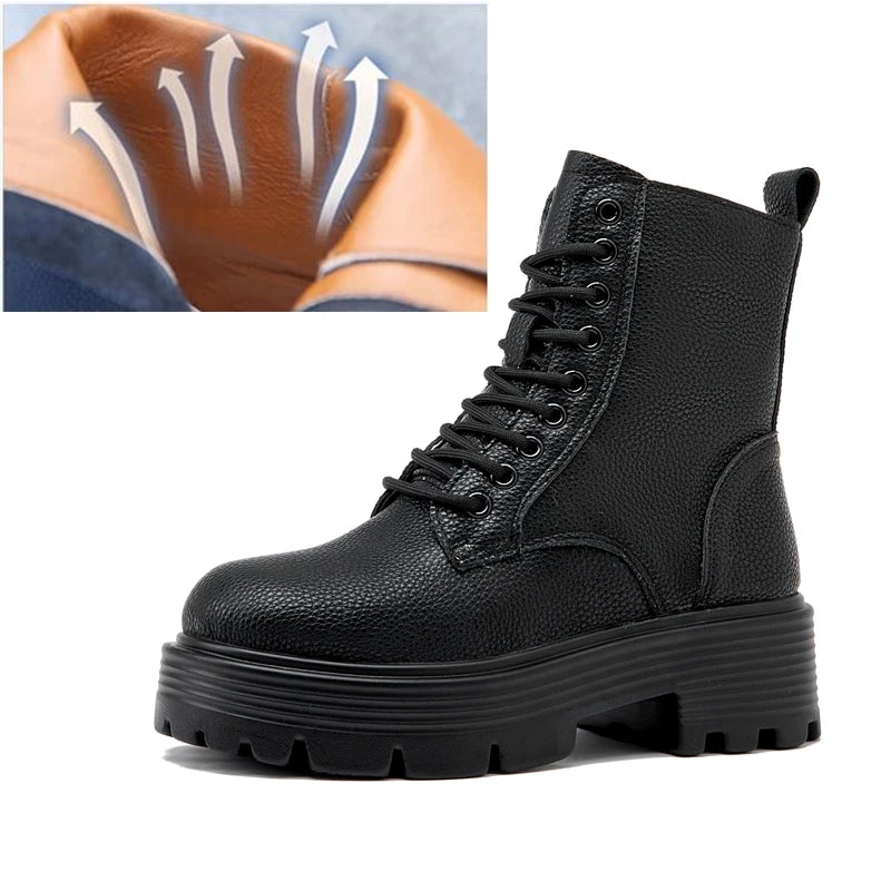Schwarzer Damen-Kurzstiefel mit Schnürung, dicke Profilsohle, breiter Fersenbereich