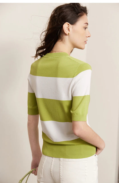 Damen Sommer-T-Shirt im Minimalismus-Stil mit gestreiftem Lächeln-Gesicht